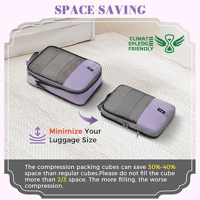 BAGAIL 4 Set/6 Set/8 Set Compression Packing Cubes Travel Accessories Expandable Packing Organizers(HalfMesh,8-Dusty Purple)
