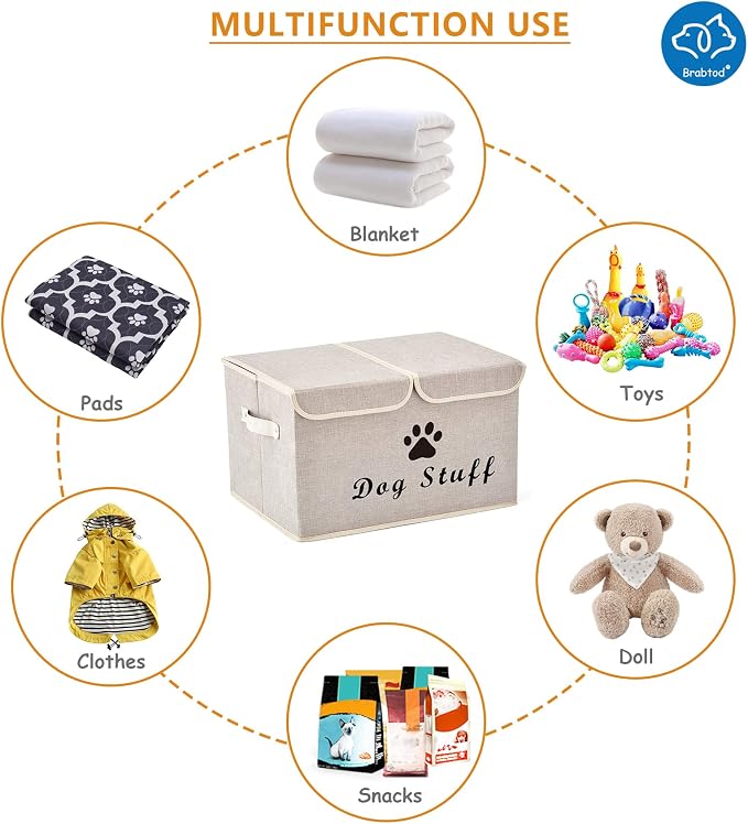 Large Dog Toys Storage Box Canvas Storage Basket Bin Organizer with Lid - Collapsible Linen Bin Ideal for Organizing Dog Cat Toys and pet Stuff-PP Boad-17" x 12" x 10" - Beige