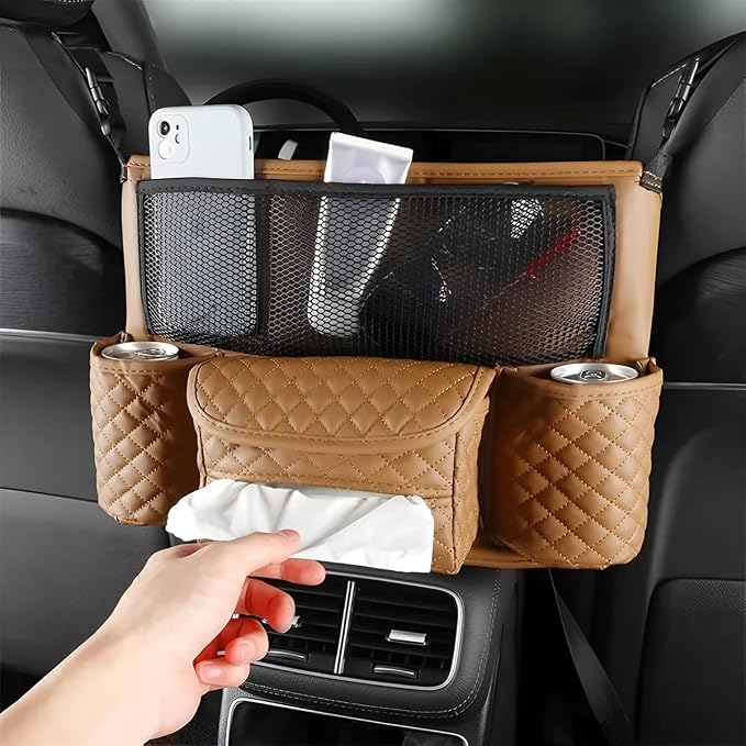 zipelo Car Handbag Holder Between Seats, PU Leather Multi-Pocket Large Capacity Purse Holder, Auto Net Bag Barrier of Backseat Pet Kids, Car Seat Organizers and Storage for Cargo Tissue Cup (Brown)