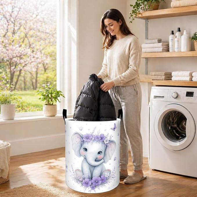 Elephant Laundry Basket, Purple Floral and Butterfly Oxford Cloth Dirty Clothes Collapsible Hamper for Room Decor, Cute Animal Gifts, Toy Organizer 19.7 x 15.7 Inches for Bedroom Bathroom Dorm