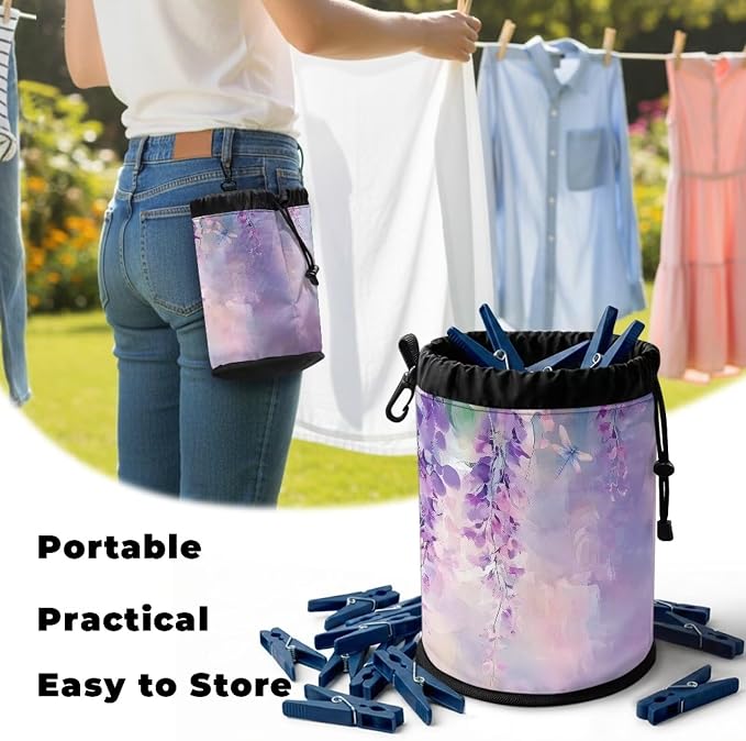 Wisteria Clothespin Bag for Clothesline Outdoor, Clothes Pin Bag with Drawstring Closure, Large Opening, Large-Capacity Clothespin Storage Organizer with Hooks