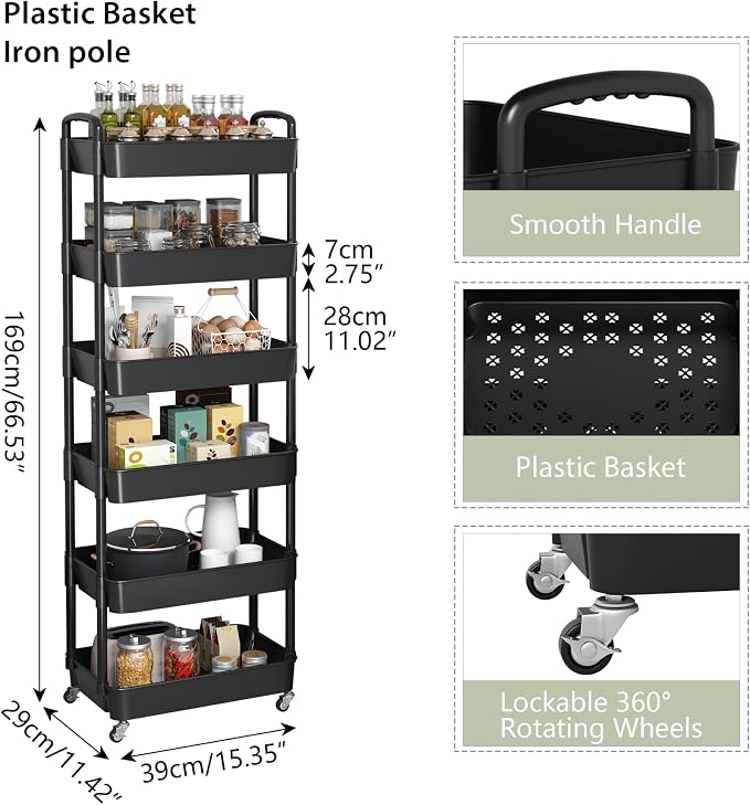 Sywhitta 6-Tier Plastic Rolling Utility Cart with Wheels for Storage,Black | Multi-Functional Storage Trolley, for Office, Living Room, Kitchen, Bathroom,Movable Organizer,Space-Saving,Easy to assemble