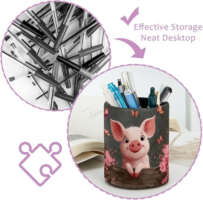 Faux Leather Pen Holder for Desk, Pencil Organizer Cute Pig Pen Cup Desk Decor Makeup Brush Holder Storage for Office Home