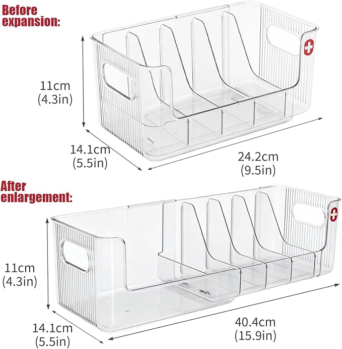 Clear Expandable Medicine Organizer for Cabinet & Countertop, Large First Aid Storage Bin with Removable Dividers, Adjustable 6-Compartment Medication Organizer Box for Bathroom Pantry