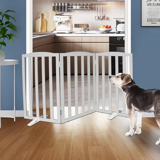 ZJSF Foldable Freestanding Indoor Dog Gate for House Wood Long Pet Gates Dog Fence for Stairs Puppy Gates for Hallways, Puppy Gate,Support Feet Included, Grey, 32 "Height-3 Panels