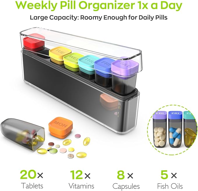 HIONXMGA Weekly Pill Organizer, Detachable 7-Color Pill Box, Easy Open | Portable Travel Pill Case Container for Daily Medication Easy Track, Privacy Protection, Built-in Quick Fill Design, Clear