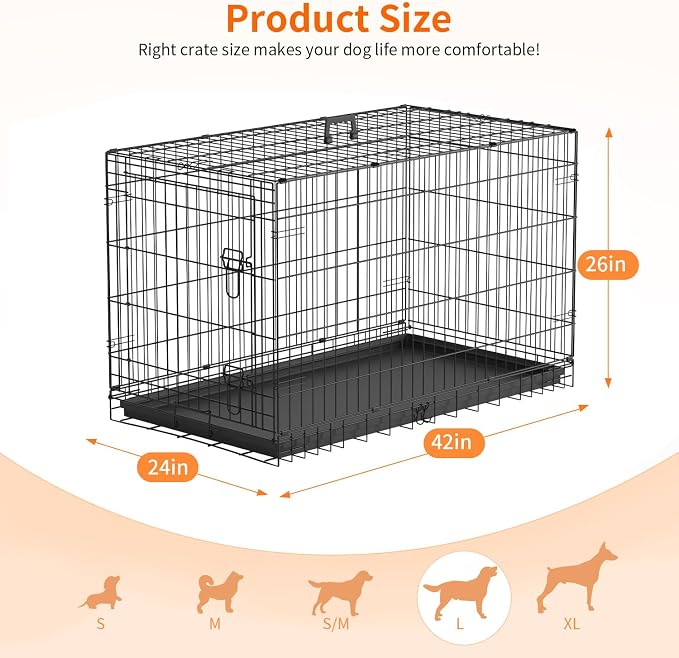 FDW Dog Crate 42-Inch Dog Cage Single Door Foldable Metal Kennel with Leakproof Tray Foldable Design Indoor Outdoor Use for Large Dogs,Dark Black