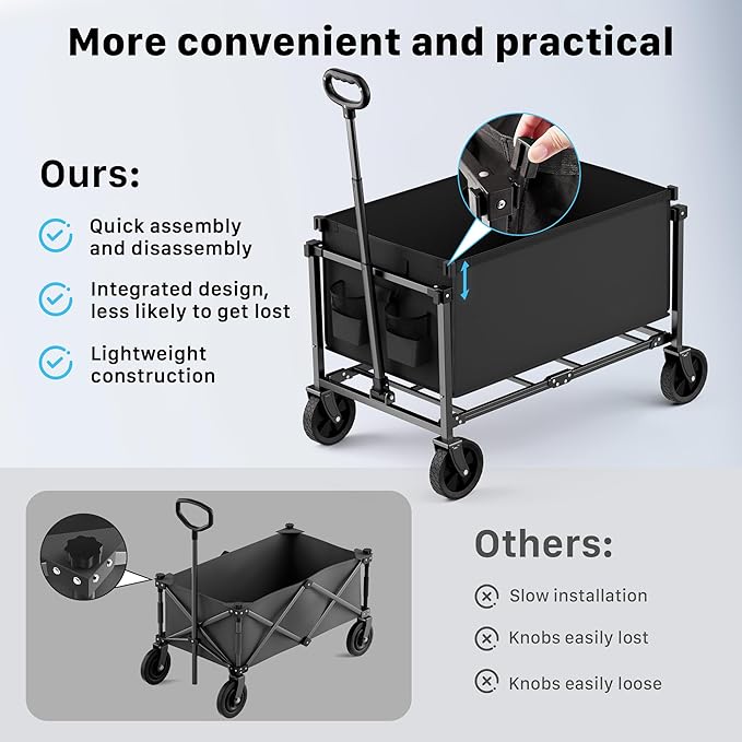 29.3" Collapsible Wagon Cart, 150L Heavy Duty Folding Utility Wagon with Wheels, 260 lbs Load, Portable Rolling Cart for Garden, Shopping, Sports, Camping, Black