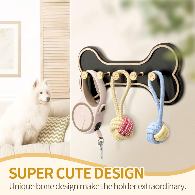 MTERSN Dog Leash Holder Wall Mount with 3D Paws Hooks for Entryway, Black | Dog Bone Dog Leash Holder for Wall, 5 Dog Leash Hook, Farmhouse Decor, Gift for Dog Lovers, Leash and Key Storage