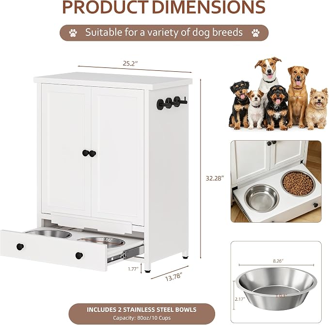 Dog Feeding Station with Storage, Metal Dog Food Storage Cabinet with 2 Elevated Bowls and 3 Hooks, Pet Feeding Station and Dogs Food Storage Organizer