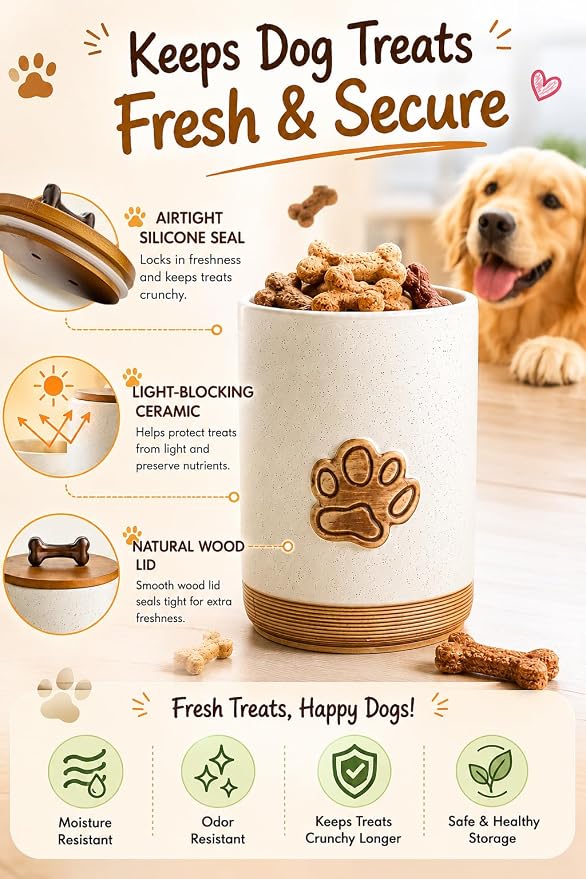 Miamolo Dog Treat Container with Lid, Airtight Dog Treat Jar for Countertop | 8 Cups Ceramic Small Dog Food Canister | Decorative Training Dog Cookie Jar with Handle | Premium Pet Gift, Paw Dotted White