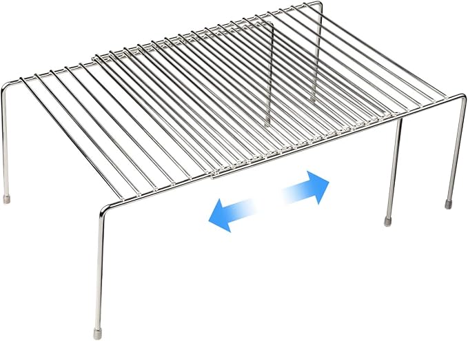 Tomorotec Expandable Kitchen Cabinet Organizer Stainless Steel Shelf Silver | Adjustable from 12.8 to 22.8 Inches Rustproof with Anti-Slip Feet for Pantry Bathroom Closet and Countertop Organization