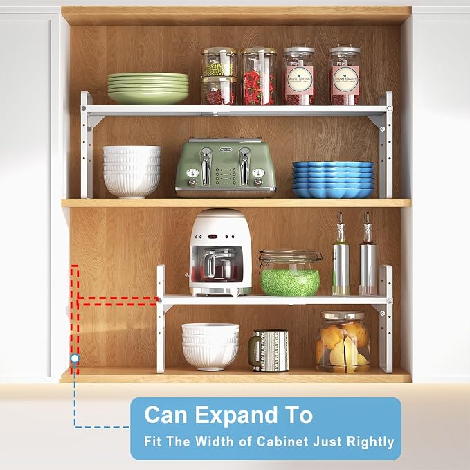 Set of 2 Expandable Cabinet Shelf Organizer, Stackable Kitchen Countertop Shelves Spice Racks, Small Storage Shelf For Cupboard Counter Tabletop, 30 LBS Heavy Duty, Adjustable, 13.8" to 21.6" Long