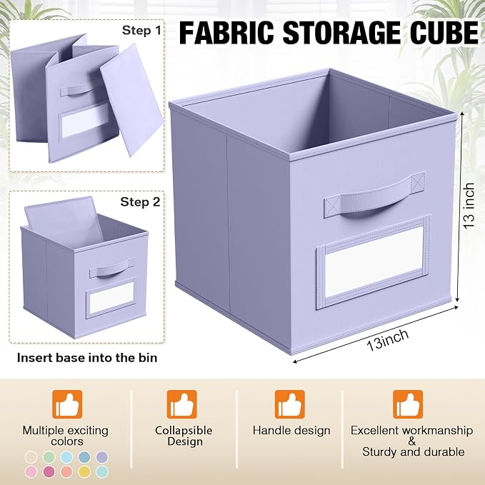 Teenyyou 10 Pack Fabric Storage Cubes 13 Inch Collapsible Cube Bins with Label Window & Handle Foldable Organizers Baskets for Shelf Closet Nursery Kids Room Clothes Book Toy(Macaroon)