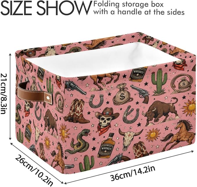 Kigai Storage Basket, Fabric Collapsible Closet Organizer Bin | Western Print Waterproof Foldable Canvas Basket with Handles for Shelves, Nursery, Closet, Bedroom & Bathroom