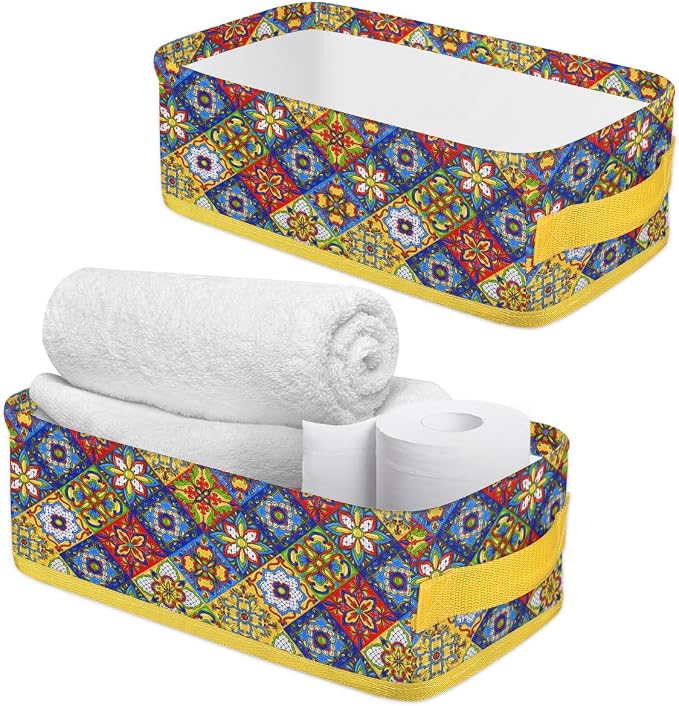 Mandragora Colorful Flowers Bathroom Storage Basket, Foldable with Handle Open Countertop Paper Towel Decorative Box, Toilet Tank Top Shelf Baskets for Home Closet Bedroom Living Room Office