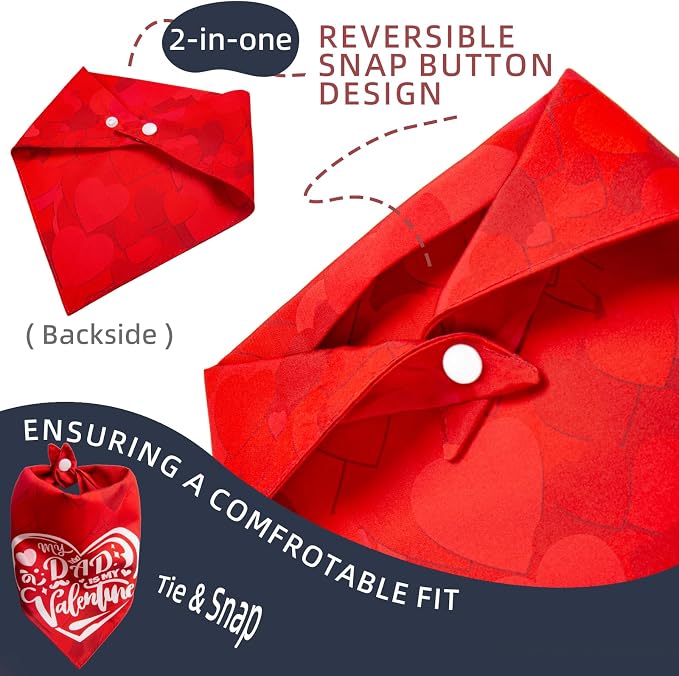 Holiday Dog Bandanas Reversible Dad-Pup Bandana 2-in-1 Heart Print & My Dad is My Valentine Text, Valentine’s Day Costume Pet Scarf for Large & Extra Large Breeds 75lbs+