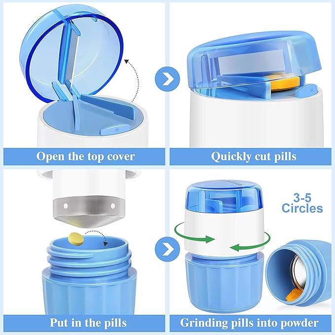 AMAFI 3-in-1 Pill Crusher and Pill Cutter Pills Crusher Fine Powder with Stainless Steel Grinding Head Pil Grinder with Storage for Tablets Cutter Splitter for Small and Tiny Pills Blue