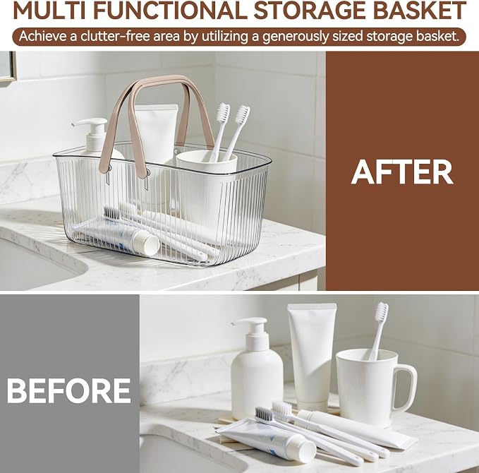 HERCHR Plastic Shower Caddy Basket, Shower Caddy Portable Plastic Shower Caddy with Handle and Drain Holes Clear Bathroom Caddy Organizer for Bathroom Kitchen College Dorm