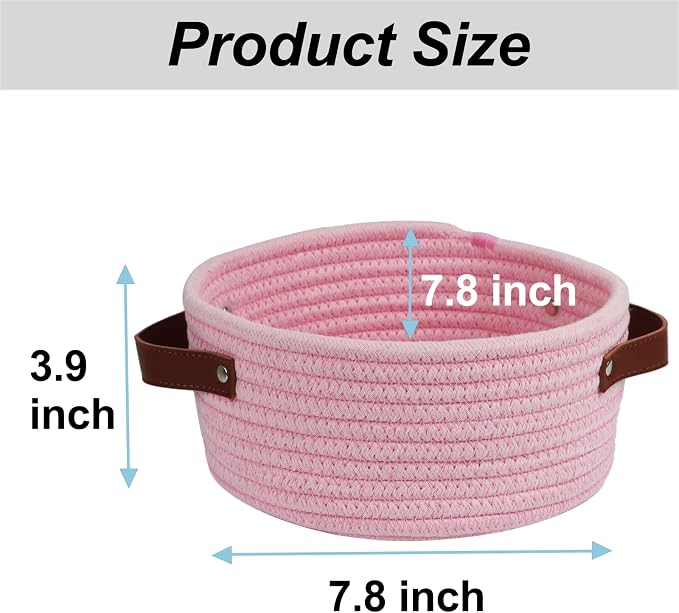 Small Woven Cotton Rope Basket with Leather Handle, Pink | Mini Round Storage Basket, Empty Gift Basket, Nursery Toy Organizer, Decorative Shelf Bin, Boho Room Decor