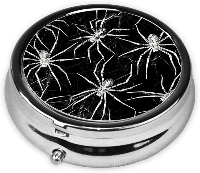 White Black Spiders Portable Pill Organizer | 3 Compartment, With Mirror, For Men Women, For Daily Supplements, Vitamins, Fish Oil, Jewelry, Candy, Travel