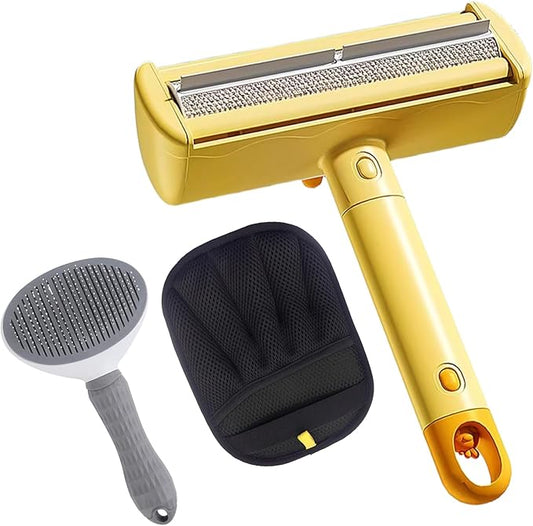 Roller Pet Hair Remover，Self Cleaning Shedding Brush，Cat Brush for Shedding, Pet Hair Removal Glove for Dogs & Cats, Gently Remove Fur from Furniture, Laundry, Carpet & Car Seats，3 Piece Set (Yellow)