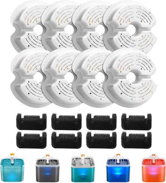 AONBOY Cat Water Fountain Filters, Suitable for AONBOY Pet Fountain F2, Cat Fountain Filters(8 Filters + 8 Sponges)