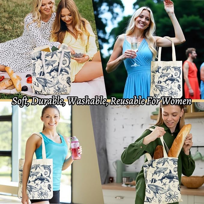 Retro Ocean Animals Turtle Whale Shark Gifts Cosmetic Bags for Women Girls Bestie Lovers Canvas Tote Bag Makeup Bag, Reusable Grocery Bags with Inner Pocket for Gym Beach Birthday Christmas Thank You