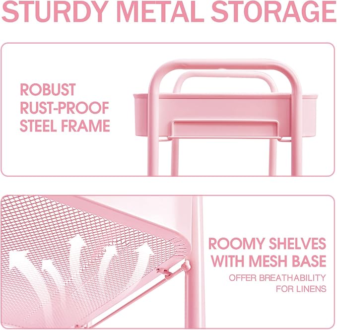 TOOLF 3 Tier Metal Rolling Cart, Utility Storage Cart with Wheels, Pink | Screwless Assembly, Lockable Metal Wheels, Trolley Organizer for Bathroom, Kitchen, Office, Dorm, Laundry, Craft Room