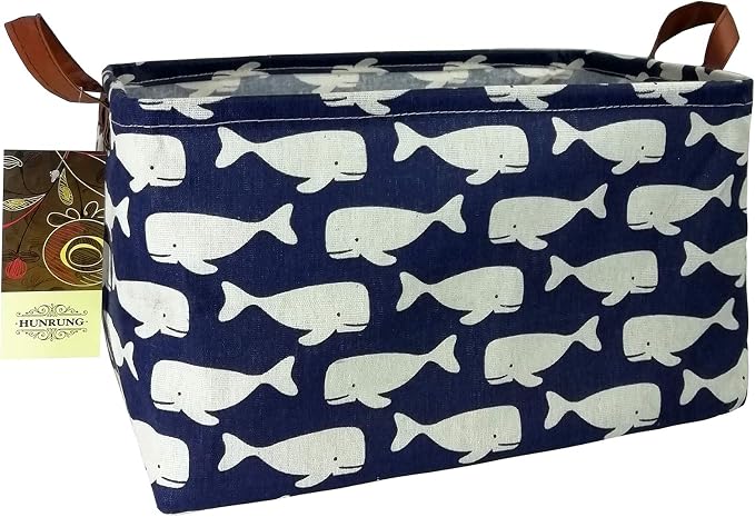 Rectangle Canvas Foldable Storage Basket for Nursery, Blue Whale | Portable and collapsible cloth receptacle. Stores pet essentials, daily use items. Folds flat when not in use