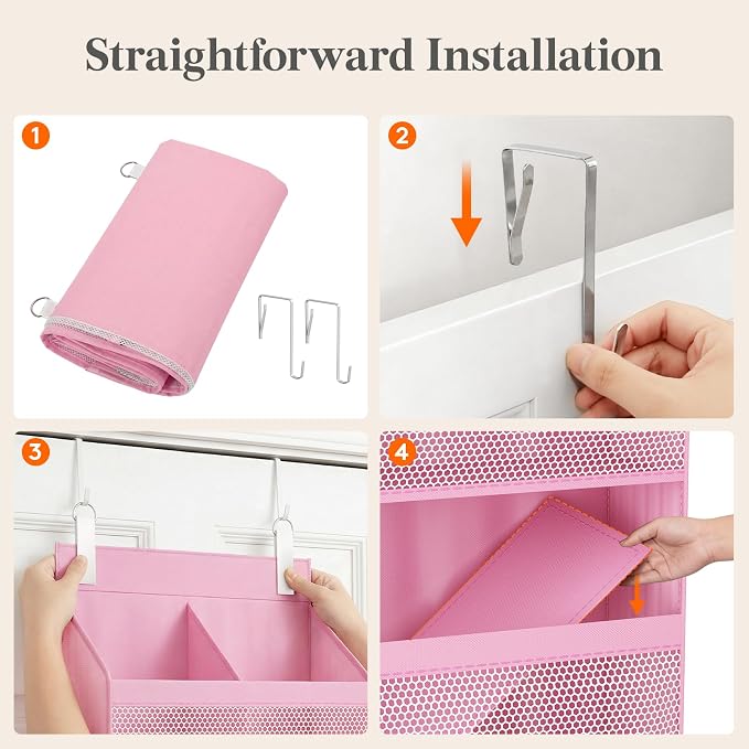 Lifewit 5 Tier Over the Door Organizer, Diaper Hanging Storage, Pink | Nursery Sturdy Large Heavy Duty Back of Door Shelf with 4 Mesh Side Pockets, for Baby Stuff Toy in Pantry, Laundry, Bathroom