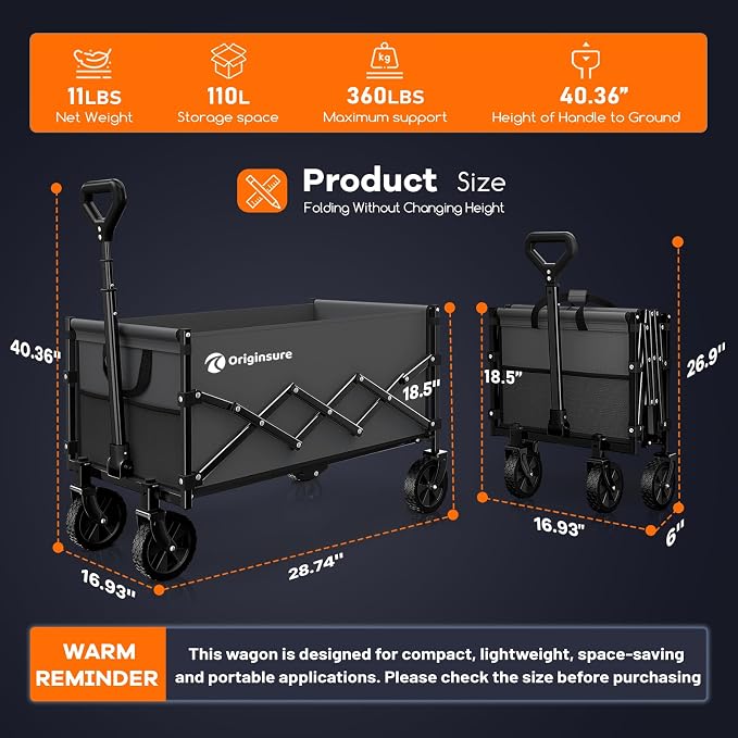 Originsure 110L Portable Collapsible Wagon Cart, 360lbs Heavy Duty, Grey | All-Terrain Wheels,Solid Steel Frame,Adjustable Handle,Compact&Space-Saving,Utility for Camping,Sports,Grocery,Garden