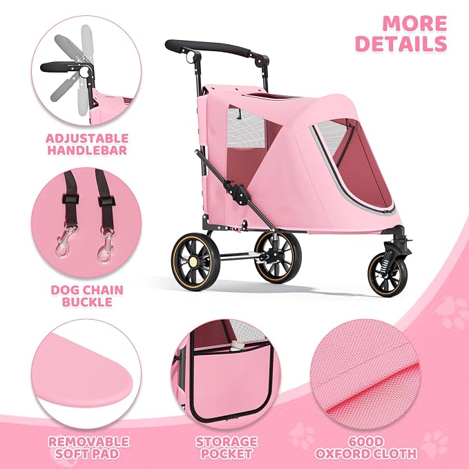 Magshion 3-Wheel Foldable Dog Jogger with Adjustable Handle, Pink | Pet Stroller for Medium Larges, All-Terrain Wheels, Dual Entry, Rear Storage, Breathable Mesh, Up to 55 lbs