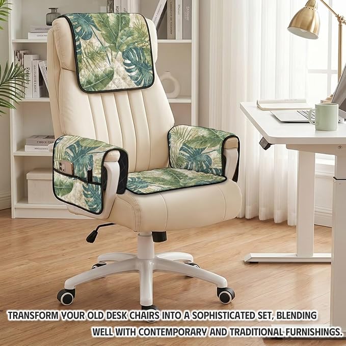 4 Piece Tropical Leaves Quilted Recliner Covers Washable Monstera | Recliner Slip Covers for Lazy Boy Recliners Non Slip Vintage Chair Covers with Arms for Living Room Decor, Stain Resistant