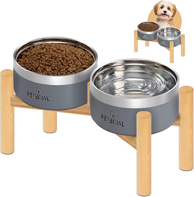 UPSKY 27oz Elevated Stainless Steel Dog Bowls Non-Slip Wooden Stand Grey | Double Bowls, Raised Feeding, Reduces Neck Strain, For Small & Medium Dogs, Food and Water Use Indoor & Outdoor