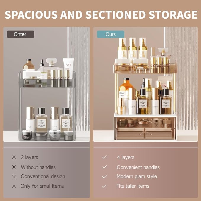 KHNR 2-Tier 2-Drawer Bathroom Organizer Countertop, Multi-Purpose Makeup Organizer Countertop, Large Skincare Organizers, Exquisite Vanity Organizer for Bathroom, Dresser, Kitchen (Amber)