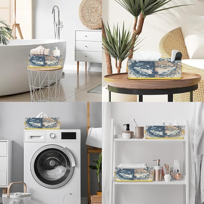 Wolf Fierce Flowers Bathroom Storage Basket, Foldable with Handle Open Countertop Paper Towel Decorative Box, Toilet Tank Top Shelf Baskets for Home Closet Bedroom Living Room Office