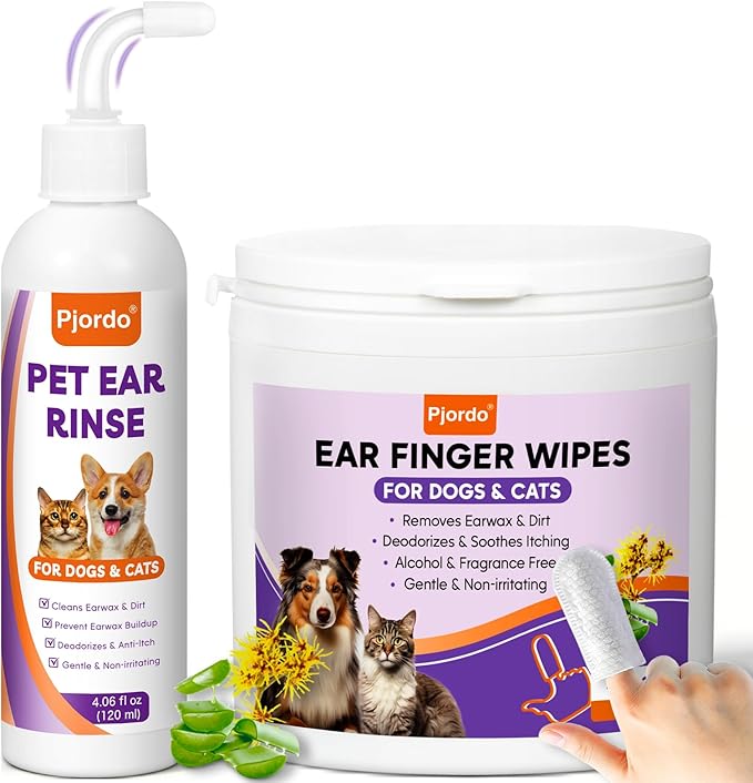 Pjordo Pet Ear Cleaner Kit - Dog Ear Cleaner with Aloe Vera & Witch Hazel, Dog & Cat Ear Cleaner Solution for Soothing Ear Itching & Deodorize, Ear Wipes for Dogs & Cat Gently Removing Ear Wax & Dirt