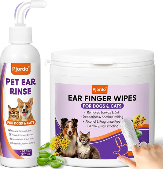 Pjordo Pet Ear Cleaner Kit - Dog Ear Cleaner with Aloe Vera & Witch Hazel, Dog & Cat Ear Cleaner Solution for Soothing Ear Itching & Deodorize, Ear Wipes for Dogs & Cat Gently Removing Ear Wax & Dirt