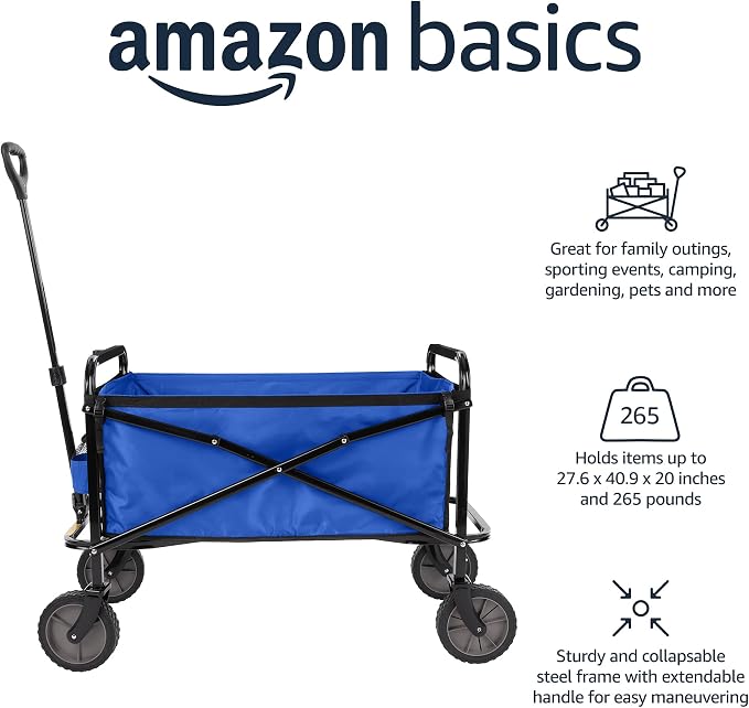 Amazon Basics Collapsible Heavy Duty Utility Wagon for Outdoor Sports, Camping, Garden, and Shopping, Versatile, Easy to Store, 265 Pounds Capacity, 27.6 x 40.9 x 20 inches, Blue