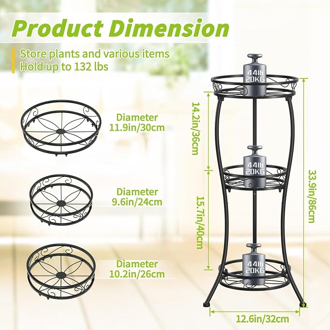 KMOTASUO 3 Tier Metal Plant Stand Tall for Indoor Outdoor Corner, Modern Black