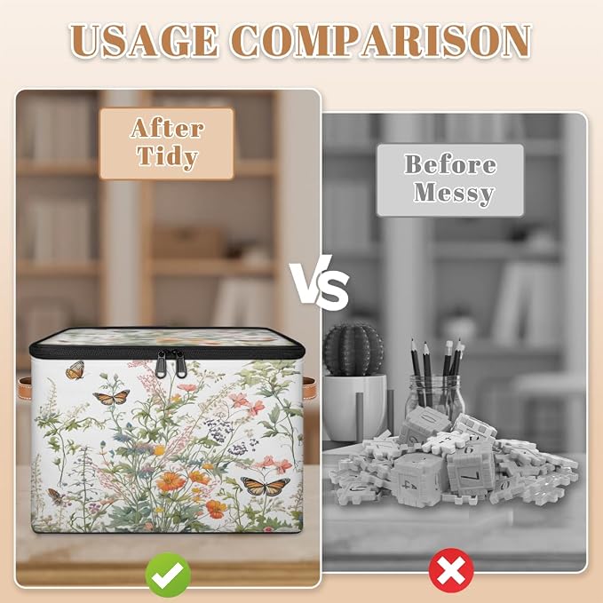 Pardick Storage Bin Wild Floral Butterfly Storage Baskets with Zipper Lid & Handle Foldable Closet Shelf Cloth Organizer Basket Cube Bins Clothes Organizer for Nursery, Bedroom