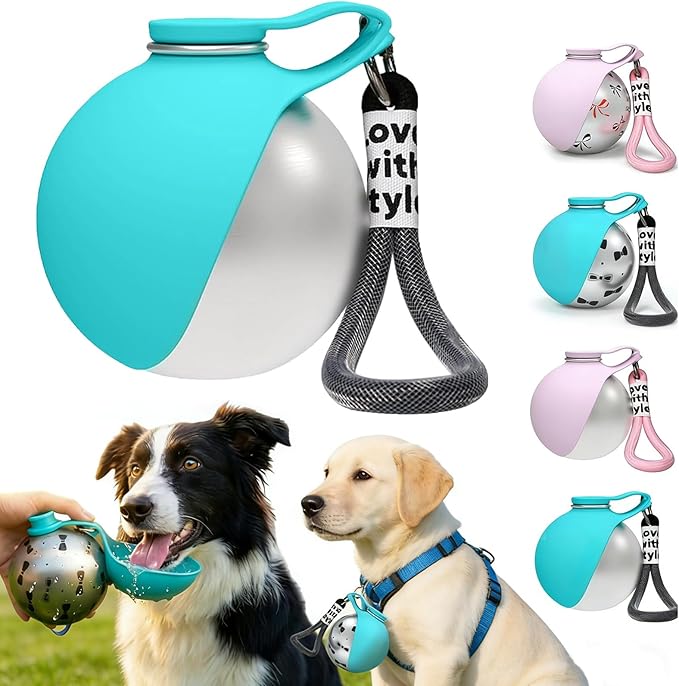 2 in 1 Portable Dog Water Bottle with Foldable Silicone Bowl, 10 Oz Travel Water Bottle for Dogs Drinking, Leakproof Stainless Steel Pet Water Bowl for Outdoor Walking Hiking Camping (Blue no Print)
