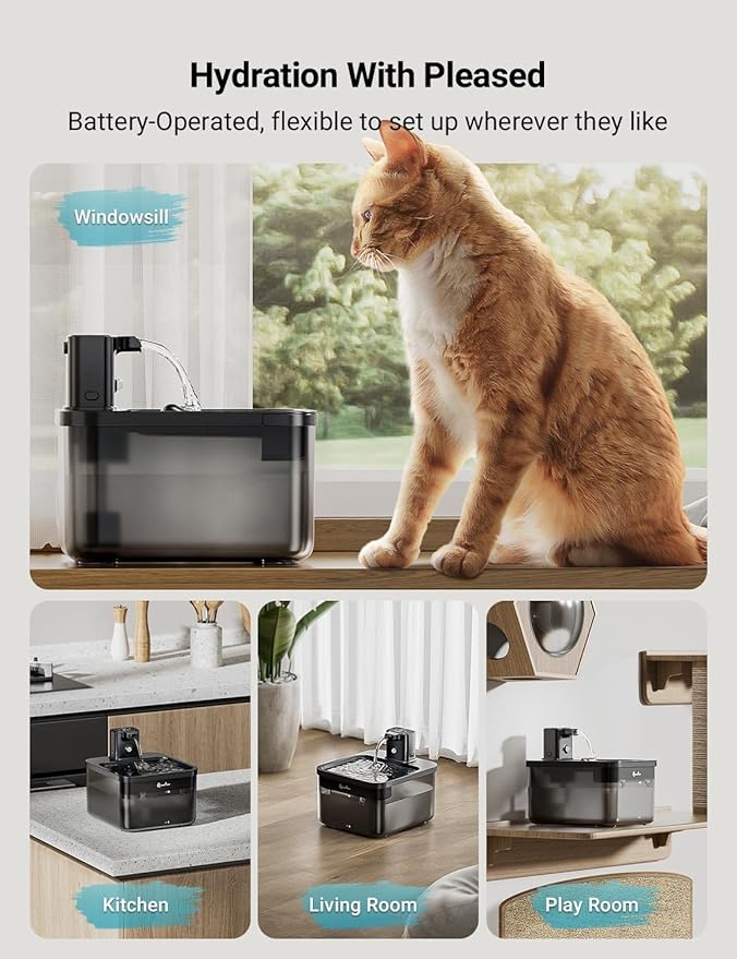 DownyPaws Cat Water Fountain Cordless, 84oz/2.5L Fursink Wireless Pet Water Fountains for Cats Indoor, Battery Operated Cat Drinking Fountain with Motion Sensor, BPA-Free, Black with 6 Filters