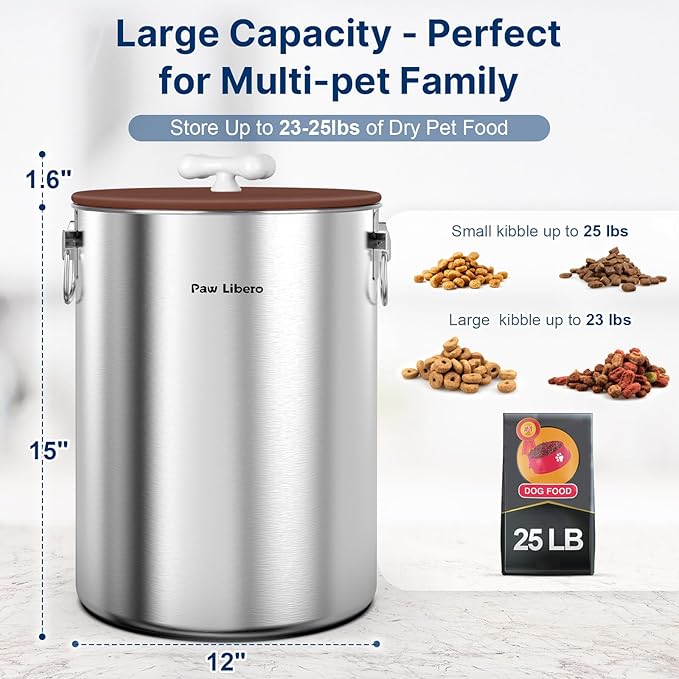 Paw Libero 25 Lbs Stainless Steel Dog Food Storage Container with Airtight Lid & Ceramic Bone Handle, Large Metal Dog Food Bin for Dogs & Cats, Keep Fresh, Easy to Clean