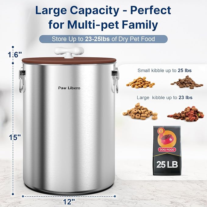 Paw Libero 2PK 25 Lbs Stainless Steel Dog Food Storage Container with Airtight Lid & Ceramic Bone Handle, Large Metal Dog Food Bin for Dogs & Cats, Keep Fresh, Easy to Clean