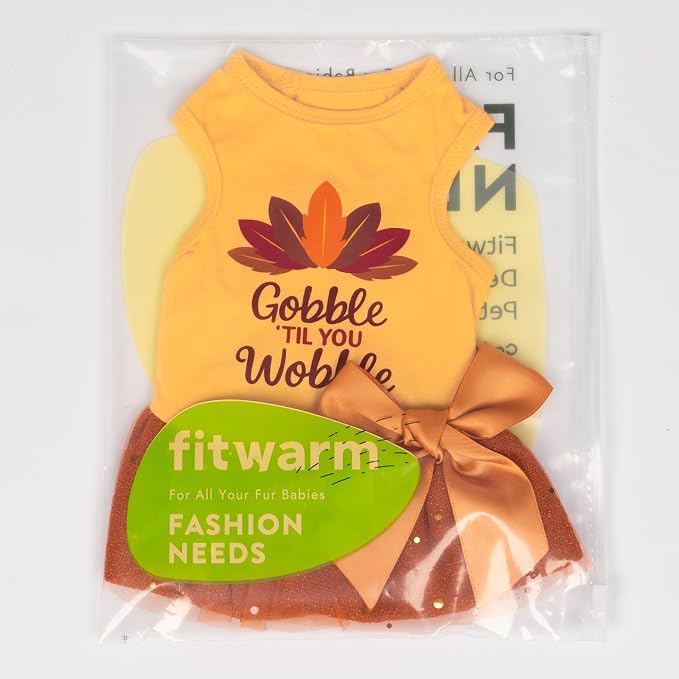 Fitwarm Gobble 'til You Wobble Dog Dress, Funny Thanksgiving Outfit for Small Dogs Girl, Festive Pet Clothes, Yellow, Orange, Large