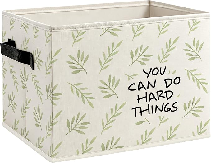 You Can Do Hard Things Inspirational Foldable Storage Bins Box with Handles, Green Leaves Decorative Storage Boxes Baskets Organizer for Home Office, Motivational Gifts for Women Men