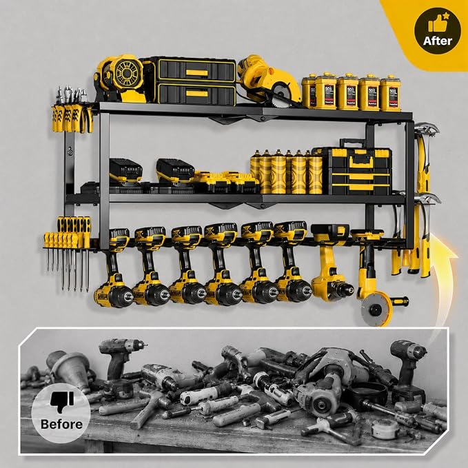 Extra Tall Power Tool Organizer Wall Mount,3 Layer,8 Drill Holder,Black | Loads 300 LBS,Heavy Duty Metal Extra Tall Tool Rack,For Battery Storage,Cordless Utility Tool Shelf for Garage, Workshop