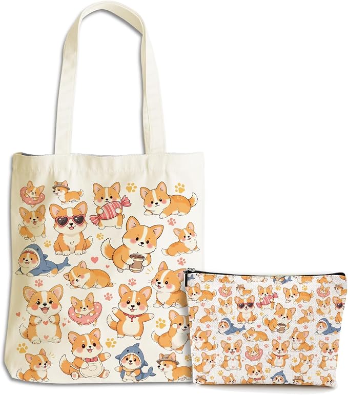 Cute Dog Gifts Corgi Gifts for Corgi Lovers Girls Friend Sister Dog Mom Makeup Bag Cosmetic Bags Canvas Tote Bag, Reusable Grocery Bags with Inner Pocket for Shopping Birthday Christmas Thanksgiving